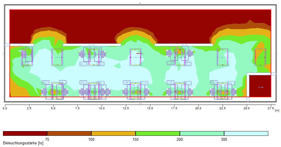 Lichtsimulation Großraumbüro mit indirekter Beleuchtung über Deckensegel